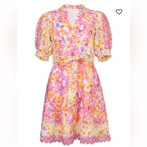 Hale Bob Hayden Floral Tie-Waist Midi Linen Dress in Pink & Yellow